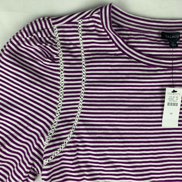 Talbots size medium new Purple Fitted Ribbed Blouse striped puff lace - Picture 3 of 10